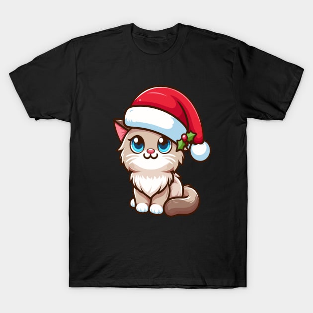 Birman Cat Wearing Santa Hat Merry Christmas T-Shirt by Maljonic